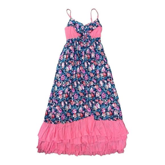 Lulumari Pink Green Floral Peasant Sleeveless Boho Maxi Dress Size M 100% Cotton - Picture 10 of 10